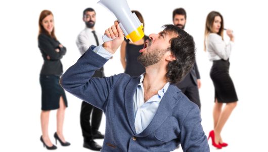 Man shouting over isolated white background